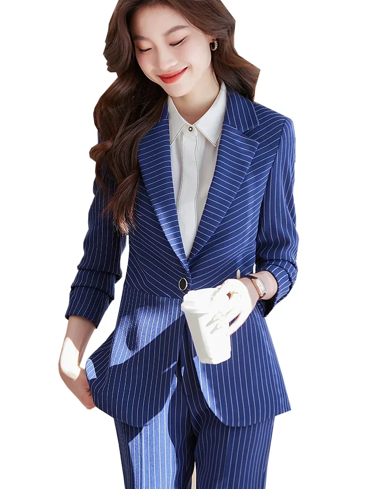 Women's Pant Suit Ladies Black Blue White Stripe Blazer Jacket and Trouser Female Work Wear Formal 2 Piece Set For Autumn Winter