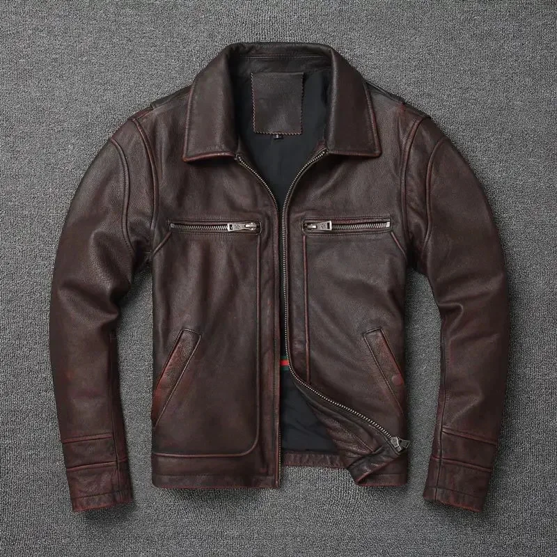 Spring Autumn Fall Clothes for Man Genuine Cowhide Leather Jacket Motor Biker Male Brown Black Plus Big Sized 5xl 6xl XXXXXXL