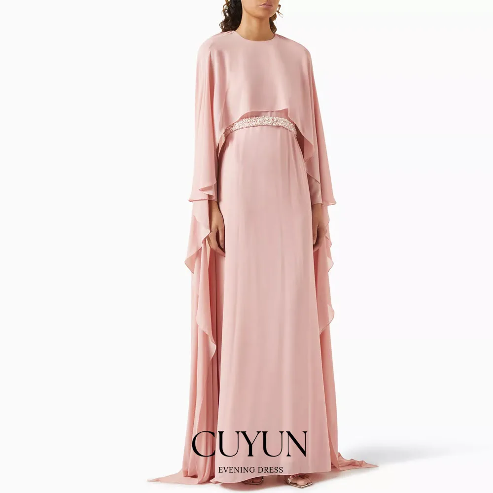 

CUYUN индивидуальное розовое скромное вечернее платье с поясом из бисера, накидка, шаль, трапециевидное платье для свадебной вечеринки, женские платья для выпускного вечера