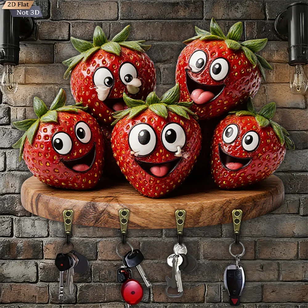 2D Flat, 1pc, Fun Strawberry Key Hook, Wooden Multifunctional Home House Key Hook with Four Metal Hooks, Wall Decoration, Porch