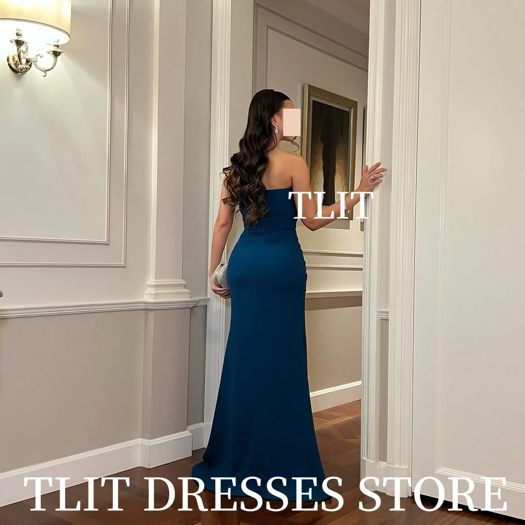 TLIT Elegant Diepblauw Elastisch Satijn Avondjurken Strapless Galajurken Enkellange Mouwloos Aangepaste فسات