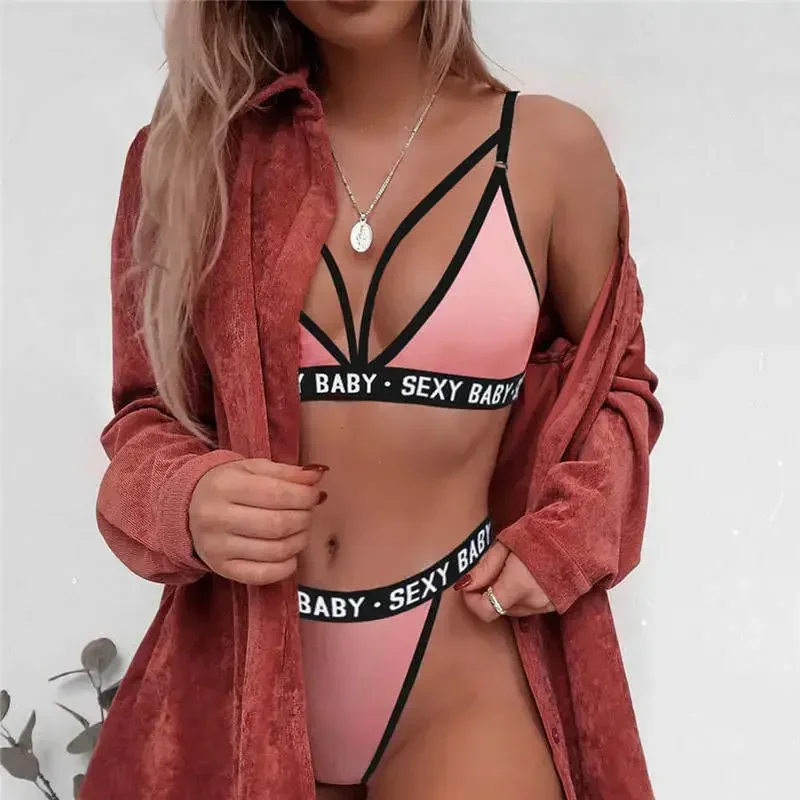 Exotic Sets Sexy Women's Sports Bra Set Without Underwire Bandage Corset Letter Bra + Thong Sexy Bikini Top Panties Sex Clothes image 4
