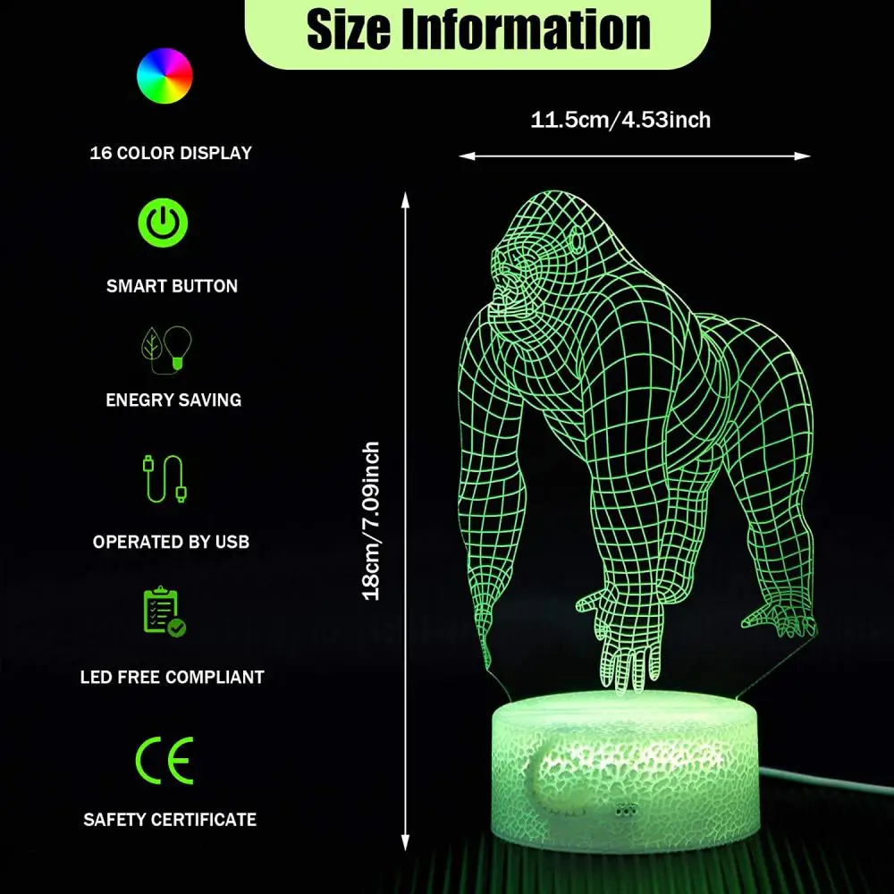Multiple Colors Led Light Perfect Gift 3d Table Lamp Enhances Atmosphere Eye-catching Creative Gift Gorilla-shaped Lamp Visual