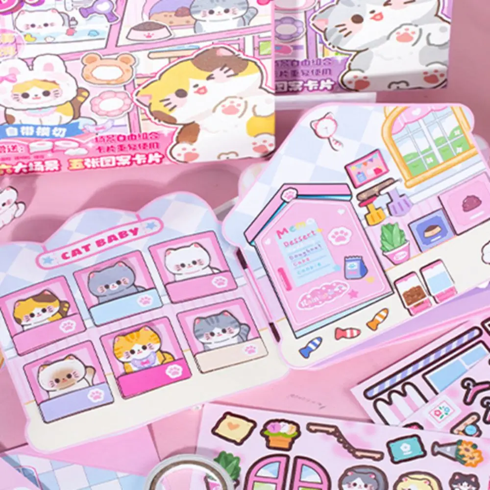 Kawaii Montessori Magnetic Quiet book Handmade Paper Cat Sticker Book Hand Ledger Cartoon DIY Kids Busy Book Toy Girls