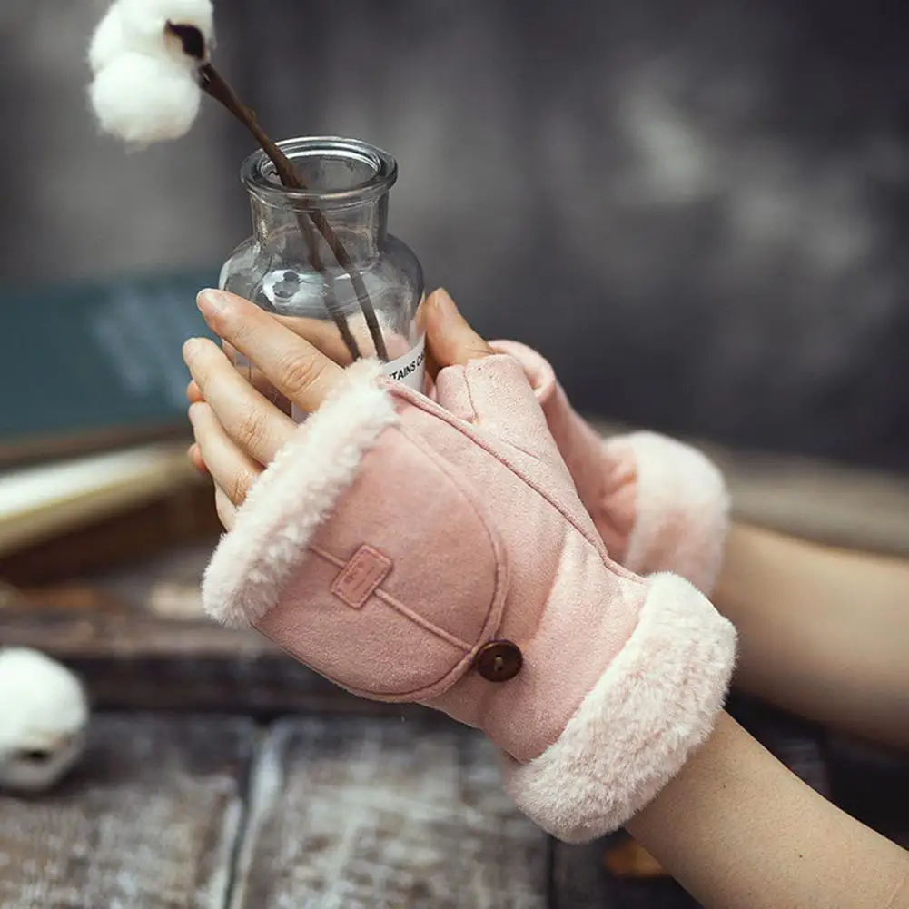 Женские зимние замшевые перчатки, трансформируемые варежки без пальцев, теплые перчатки на флисовой подкладке с пушистыми манжетами для езды на велосипеде, пешего туризма Женские зимние замшевые перчатки, трансформируемые варежки без пальцев, теплые перчатки на флисовой подкладке с пушистыми манжетами для езды на велосипеде, пешего туризма