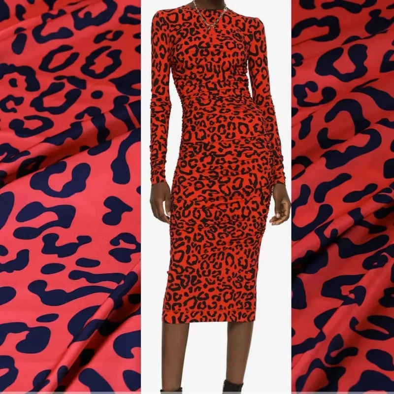 Leopard Printed Red Polyester Satin Fabric Brand Fashion Design Summer Soft Women\'s Dress Clothing Cloth Diy Sewing by the Meter