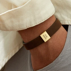 Custom Men Bracelet Black Leather Personalized Bracelet For Dad Engraved Man Bracelet For Him Christmas Boyfriend Birthday Gift