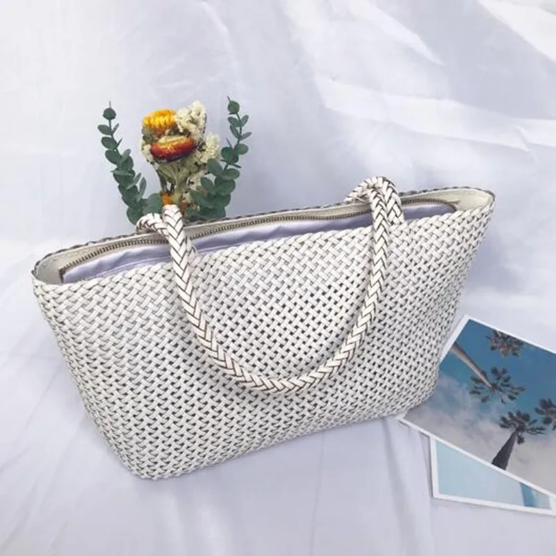 Real Leather Women Handbag retro Handmade Woven Totes Female Cowhide white weave Holiday Big Bag Causal Soft Handbags