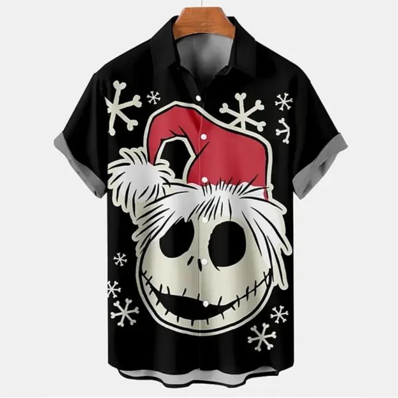 Camisa de manga curta gótica masculina, camiseta estampada caveira, camisa solta de botão de lapela, top streetwear ao ar livre, moda natal