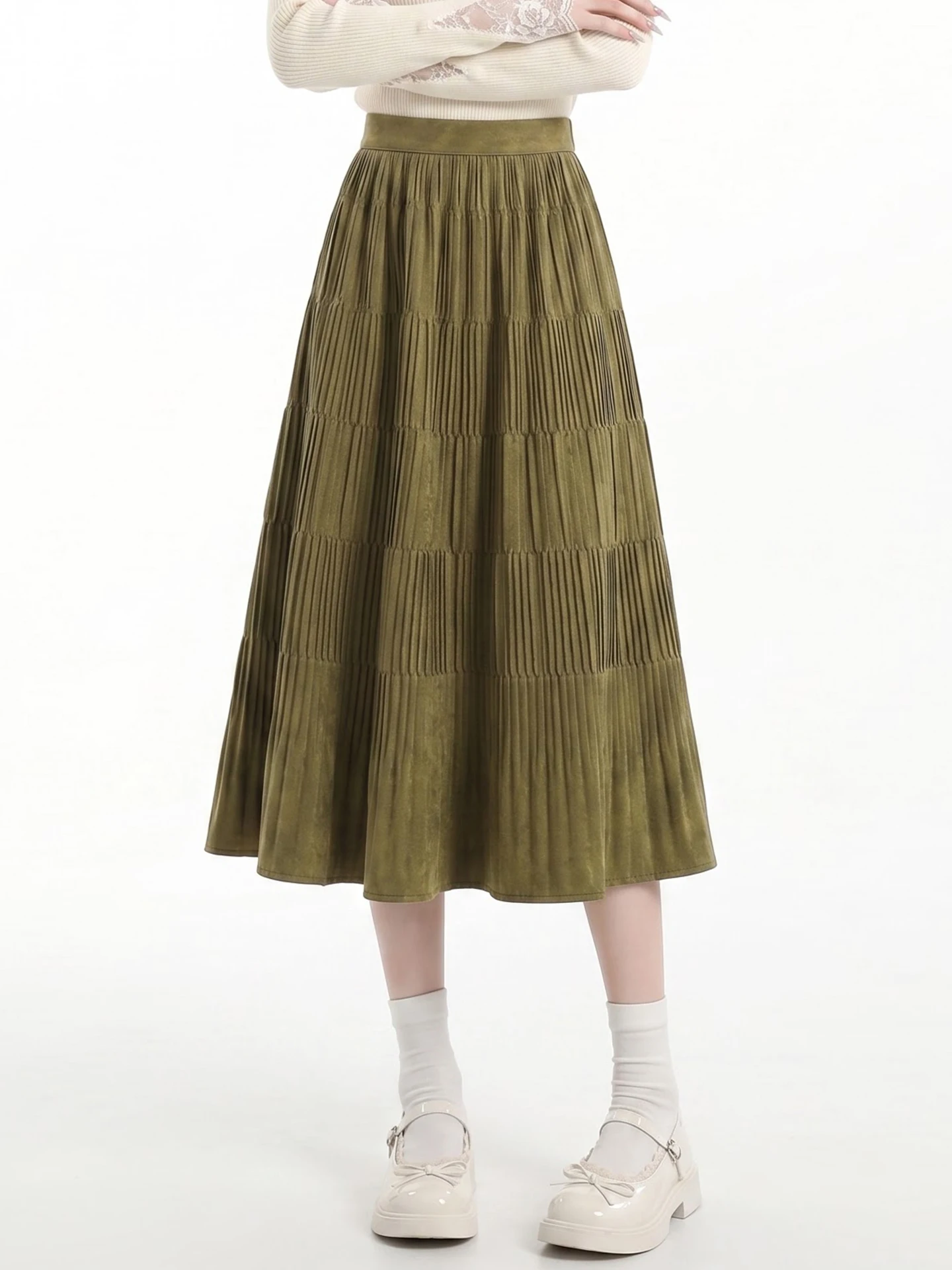 High Waist Suede Pleated Skirt Women's Autumn Mid-Length A-Line Flared Cake Skirt Pressed Pleats Umbrella Skirt Korean Style
