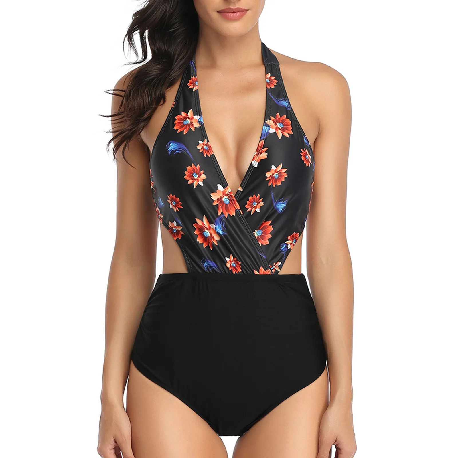 Trendy Floral Print Bikini Swimsuit Women One Piece Bathing Suit Sexy Deep V-Neck Open Back Swimwear Hawaiian Seaside Beachwear