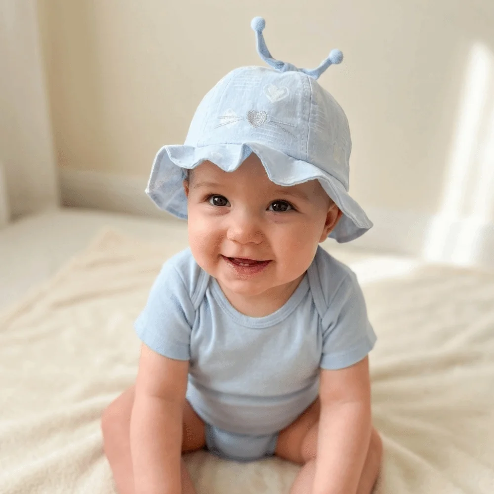 Sweet Heart Print Infant Bucket Hat Bow Pleated Baby Sun Hat Wide Brim Sunscreen Toddle Fisherman Hat Boy