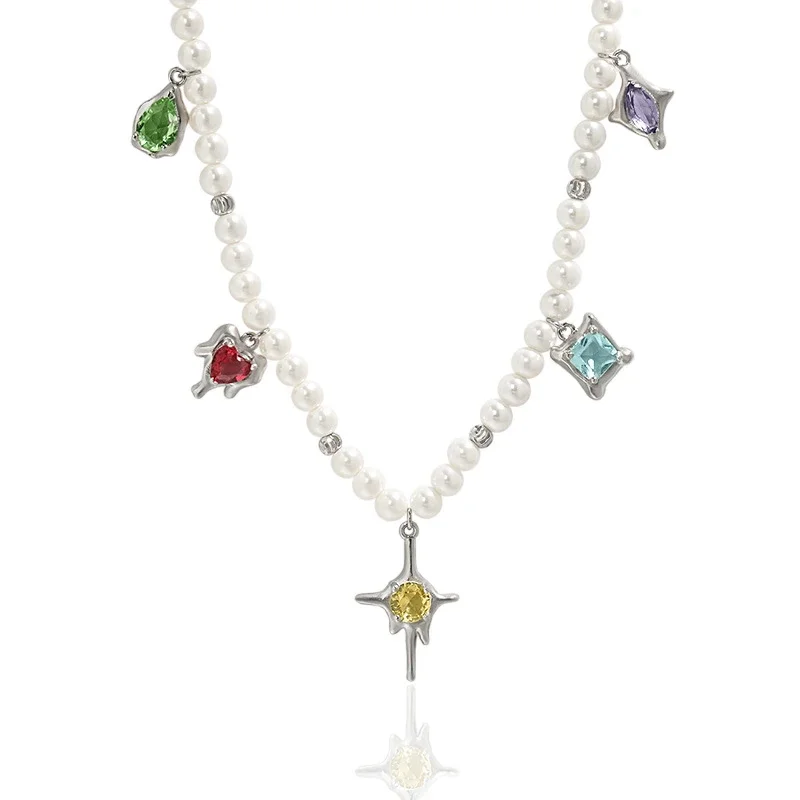 Fashion Trendy 925 Sterling Silver Necklace Multicolor Cubic Zirconia Charms Elegant Pearl Necklaces Jewelry