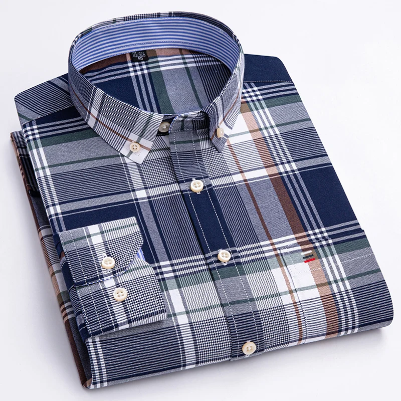 S~7XL Men\'s Casual Fashion Shirt Long Sleeve Pure Cotton Oxford Breathable Plaid Stripe Business Social Men\'s Clothes