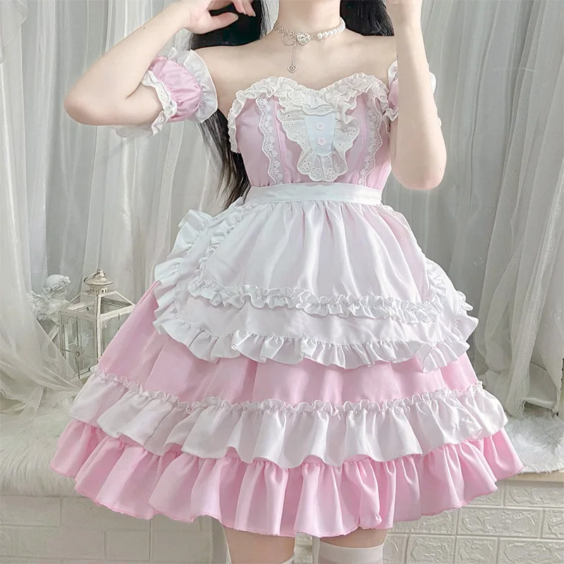 Leuke Meid Kostuum Voor Vrouwen Feest Prinses Koffie Meid Cosplay Roze Lolita Jurk Japanse Kawaii Anime Serveerster Rollenspel Outfit