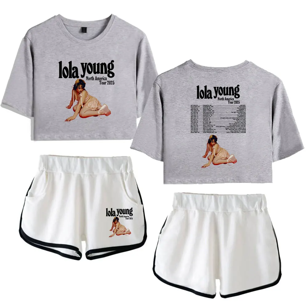 بدلة Lola Young Vintage 90s logo Merch Tops Harajuku طقم مكون من قطعتين شورت + قميص جميل بدلة عصرية #3