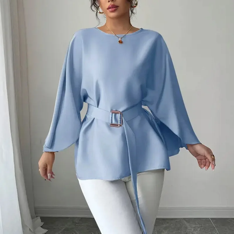 

2025 New Autumn Style Elegant Solid Color Shirt Shirt Bell Mid-sleeve Women's Clothing