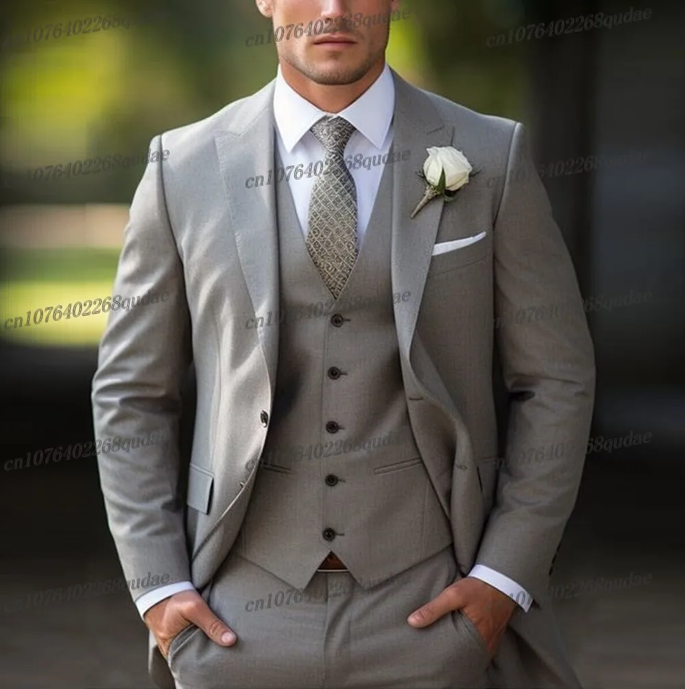 Khaki Formal Men Suit Wedding Party Groom Suits Groomsman Male Tuxedos Bridegroom Costume 3 Piece Set Jacket Vest Pant