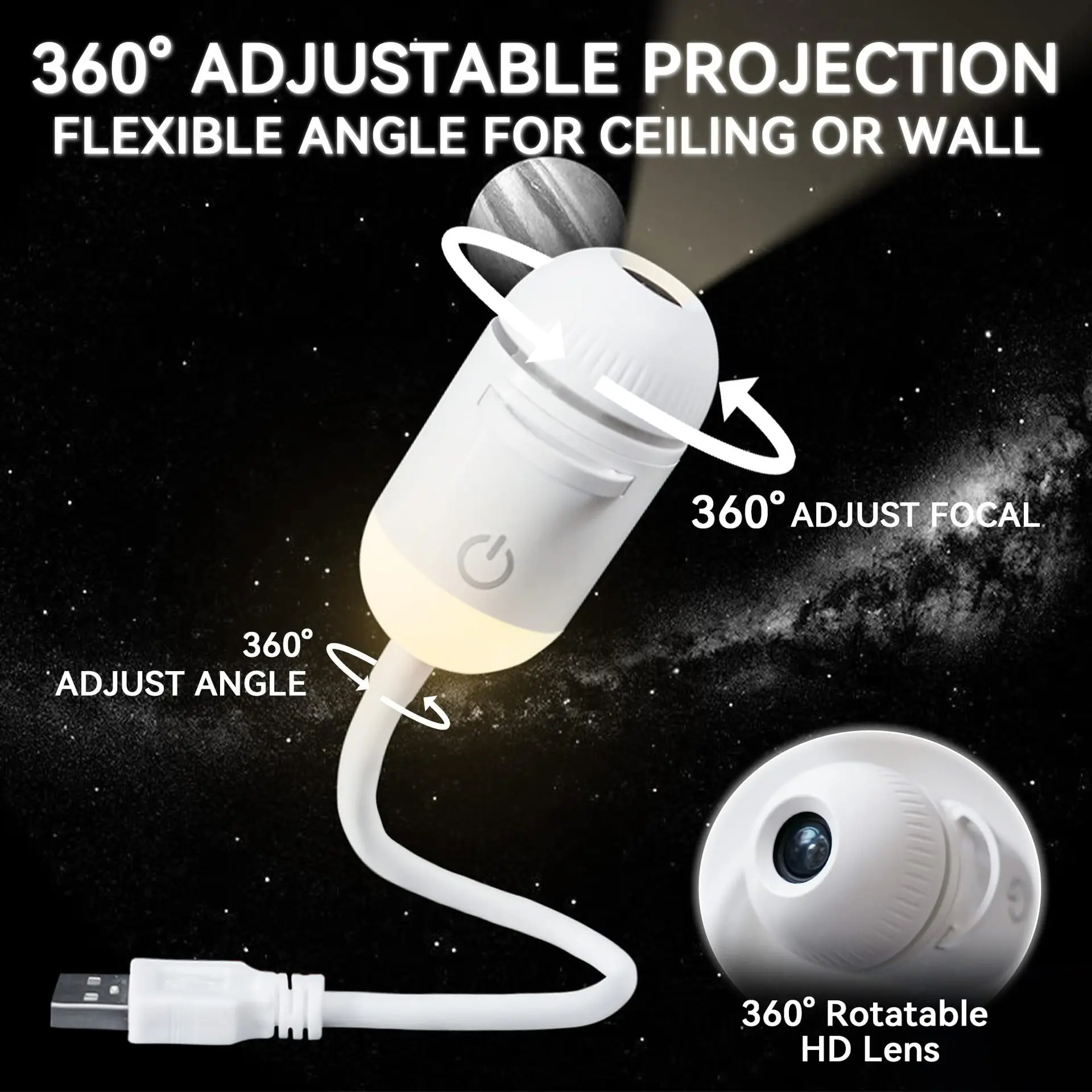 USB Starry Sky Projector Night Light 360° Rotating Galaxy Atmosphere Lamp with 3 Film Discs for Bedroom Romantic Mood Lighting