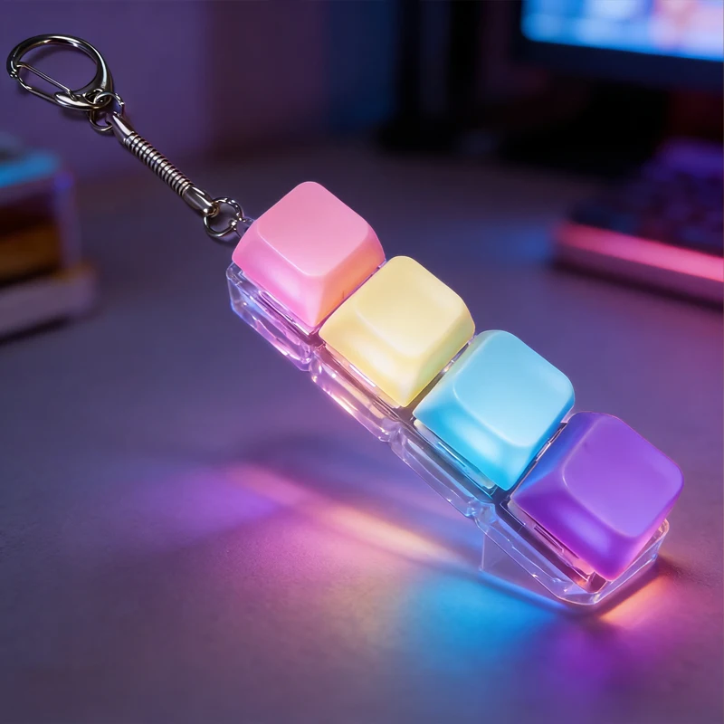 Klickbarer Tastatur-Schlüsselanhänger mit LED-Licht - Stress- und Angstabbau-Spielzeug, Tragbares Desktop-Zubehör für Bürodekoration und Geschenk