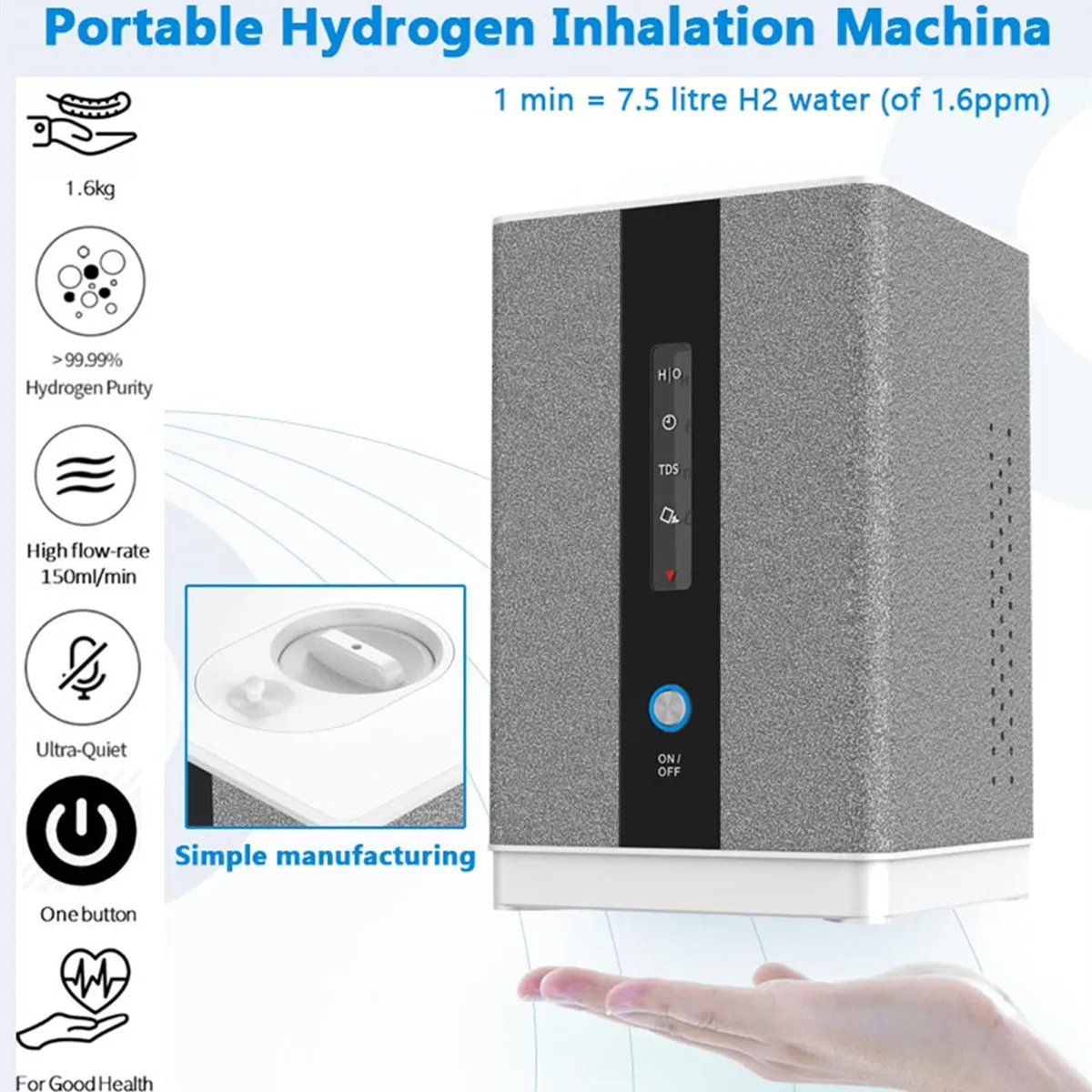 Hydrogen Generator H2 Inhalation Machine with 150ml/min 99.99% High Purity H2 Low Noise Hydrogen Water Purifier Ionizer SPE/PEM