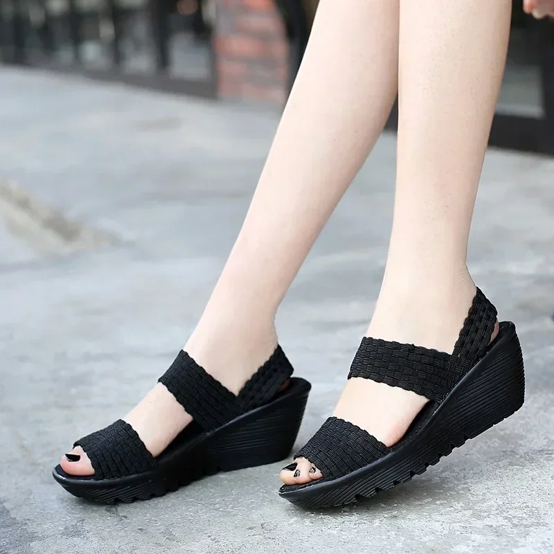 Wedge Platform Weave Sandals Fashion Peep Toe Comforty Breathable Mom Shoes Female Casual Thick Bottom Sandalias Mujer 2024