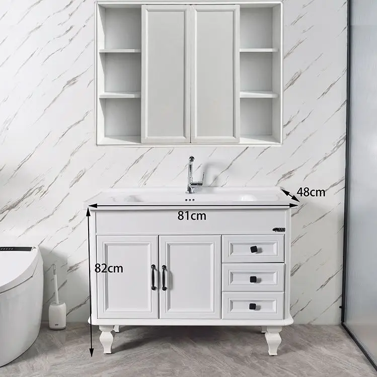 Modern Simple Floor Mounted Bathroom Vanity with Concealed Sliding Fortune Mirror Integrated Sink Cabinet Set