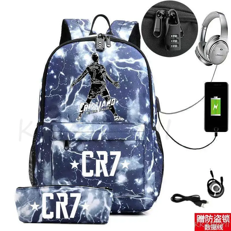 Mochila CR7 con carga USB para niños y niñas, morral escolar para ordenador portátil con cerradura antirrobo, Mochila de viaje para Mujer