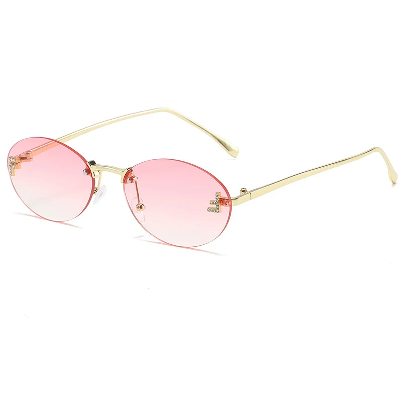 2026 Diamant Letter "F" Randloze Zonnebril Vrouwen Luxe Merk Metalen Frame Zwart Kleine Ovale Zonnebril Unsiex Elegante Shades