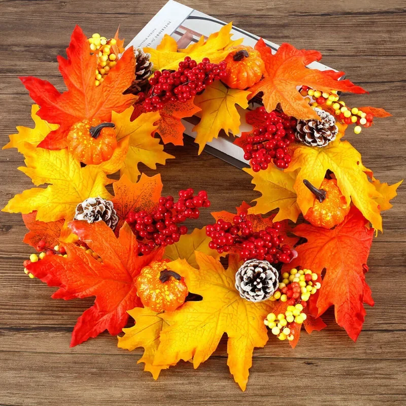 

2024 Autumn Door Wreath Christmas Halloween Decoration Grape Vine Maple Leaf Pumpkin Berry Decorative Pendant Home Decoration