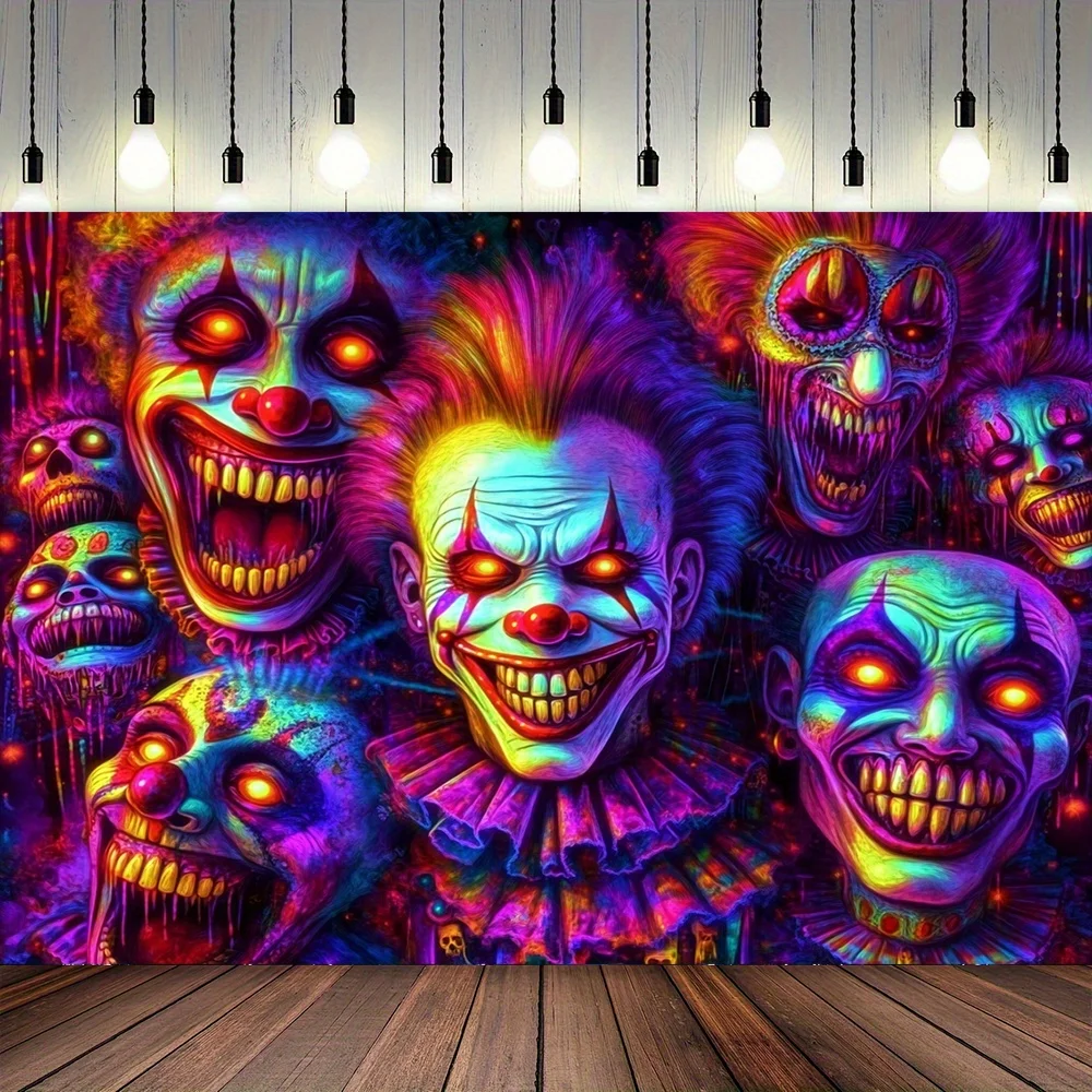 1-teiliger schrecklicher Clown-Hintergrundstoff – helle Halloween-Dekoration aus Polyester mit funkelnden Augen und Neonfarben