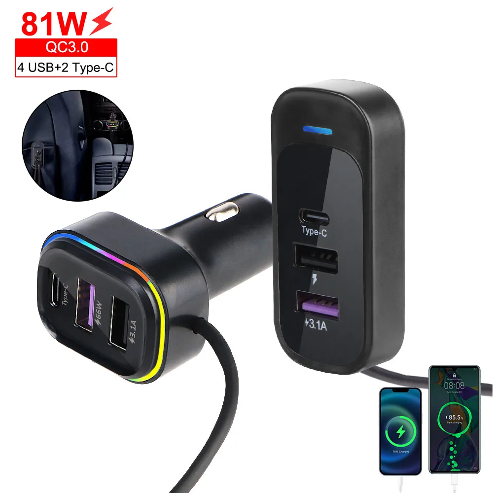 Extension Mobile Phone Charging 66W USB Interface PD QC3.0 Car Charger Rear Super Fast Charging Type-C Multifunctional