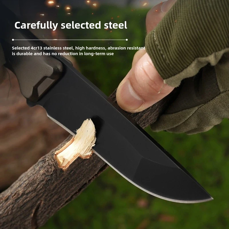 Outdoor Straight Knife Field Knife Fruit Knife Stainless Steel Knife Black Portable Practical Knife with Aluminum Handle