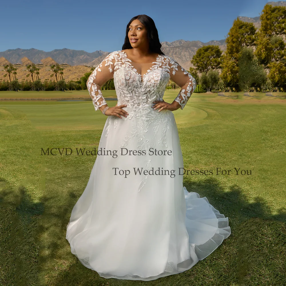 

MCDV Plus Size Civil Wedding Dresses Long Sleeve Applique O-Neck Backless vestido de noiva Lace A-Line Bride Gowns Customized