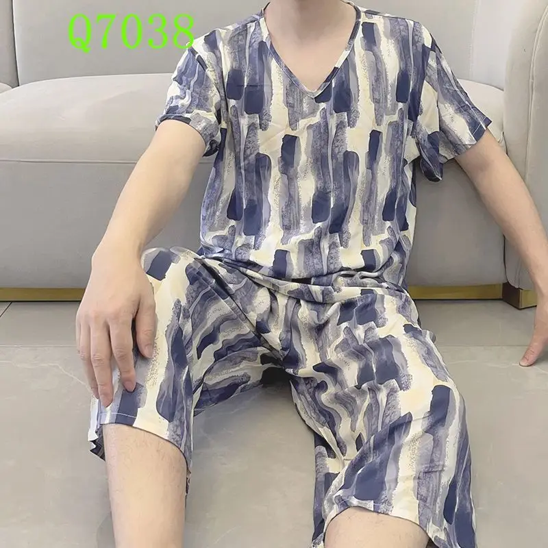 New Style Gentleman Pure Cotton Short Sleeve Pajamas Cropped Pants Set Summertime Loose Fallow Loungewear Can Be Worn Outside