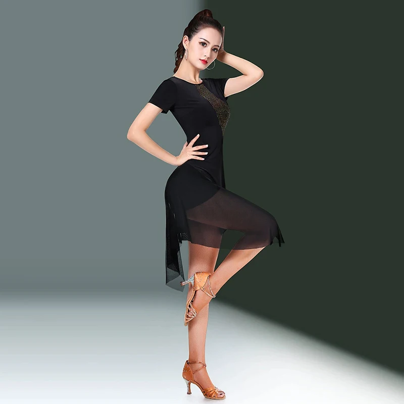 ชุดกระโปรงลูกไม้เซ็กซี่มีเพชรชุดเดรสสำหรับฝึกซ้อมเต้นลาตินชุดเดรสสำหรับแข่งขันชุดเดรสเต้นรำการแสดงชุดสีดำชุดกระโปรงใส