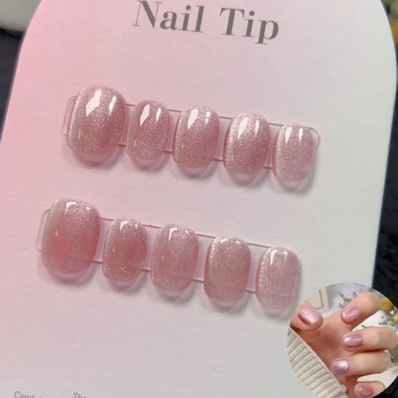 10Pcs Nude Pink Pure Handmade Press on Nail Removable Crystal Cat's Eye Full Cover False Nail Art for Women&Girl Daily Wear Tips