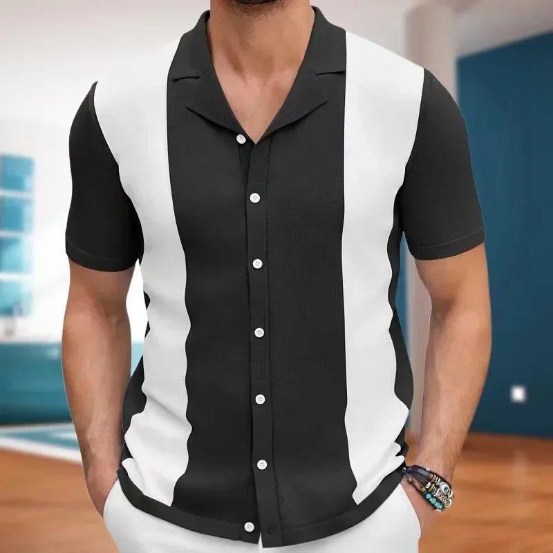 

New Men Luxury Business Cardigan Tops Casual Patchwork Knitted Short Sleeve Polo Shirts High Quality Vintage Breathable Knitwear
