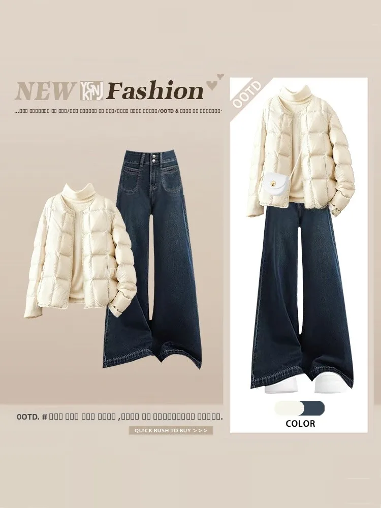 

Women's Winter Cotton Jaet Top High Waist Jeans Tee Piece Set round Ne Inner Wear Base Layer Blo Color Ne