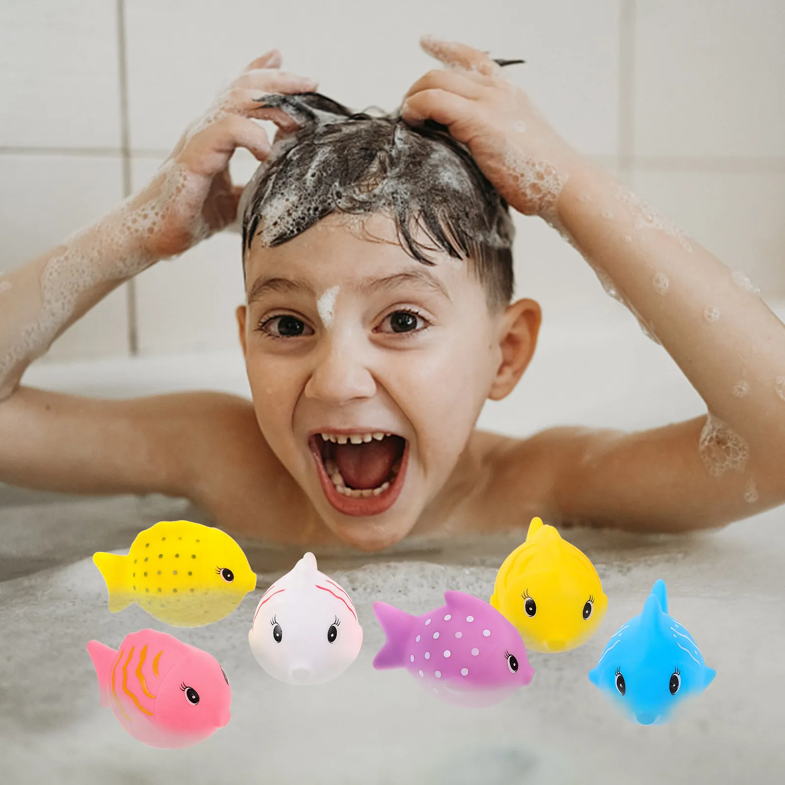 Set di 6 Pesci Galleggianti in Vinile per il Bagnetto dei Neonati, Colori Vivaci, Giocattoli Sonori Spremibili, Giochi da Bagno