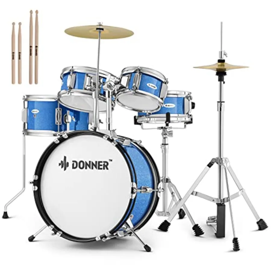

Drum Sets-Donner 5-Piece for Beginners 14 inch Junior Drum Kit with Adjustable Throne Cymbal Hi-Hat Pedal Drumstick Present for