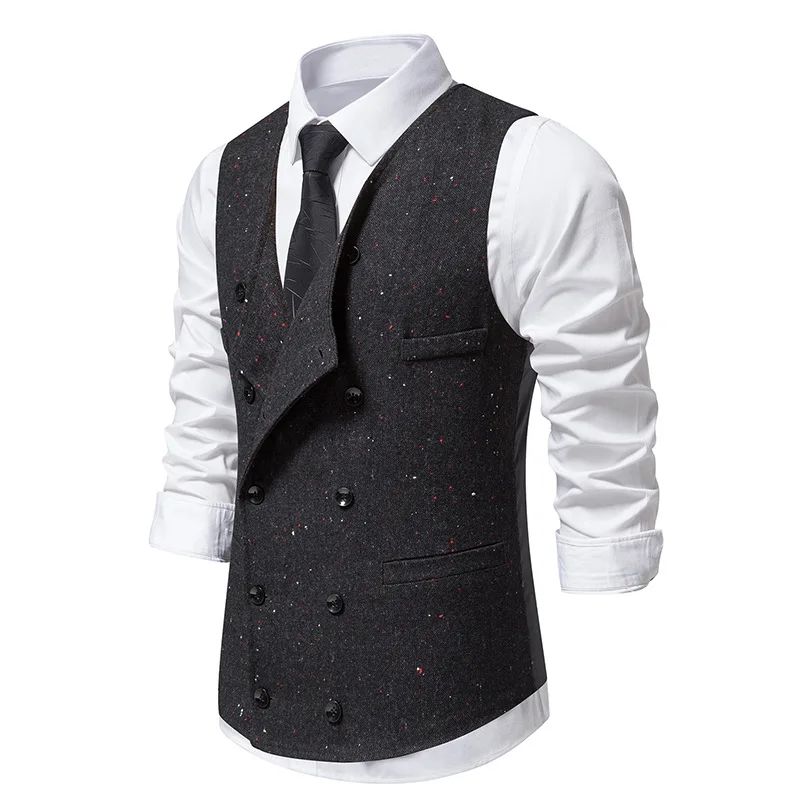 

Mens Vintage Lapel Double Breasted Suit Vest Brand Stylish Tweed Wool Blend Vest Waistcoat Men Christmas Party Prom Gilet Homme