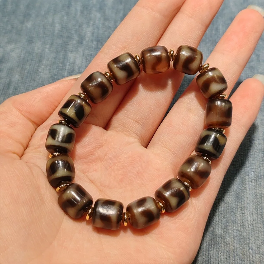 Tibetan Ethnic Style 10mm Vintage Hand Chain Natural Agate Dzi Tiger Teeth Totem Tianzhu Men's and Women's DIY Bracelet