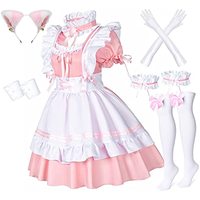 Anime French Maid Apron Lolita Fancy Dress Cosplay Costume Furry Cat Ear Gloves Socks Set