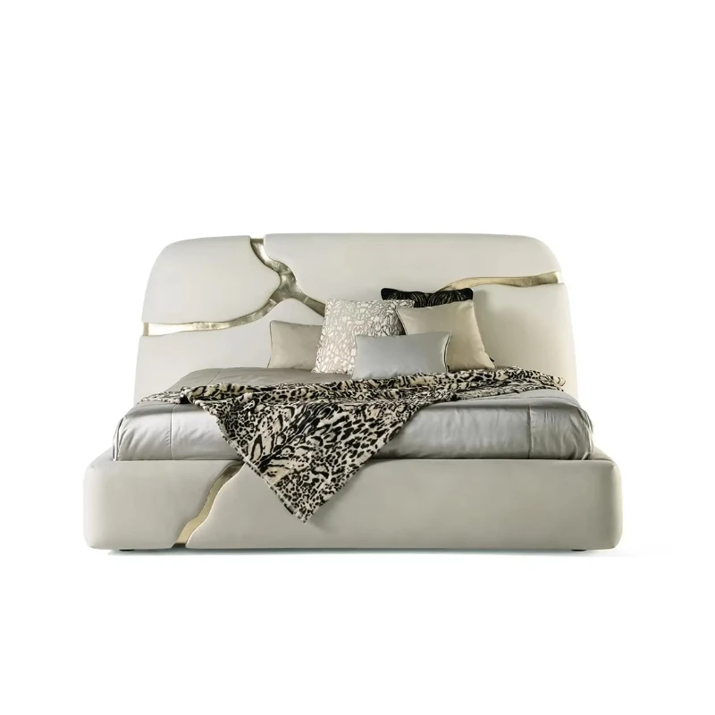 

Furniture: Oversized king-size leather upholstered bed frame, modern luxury bed