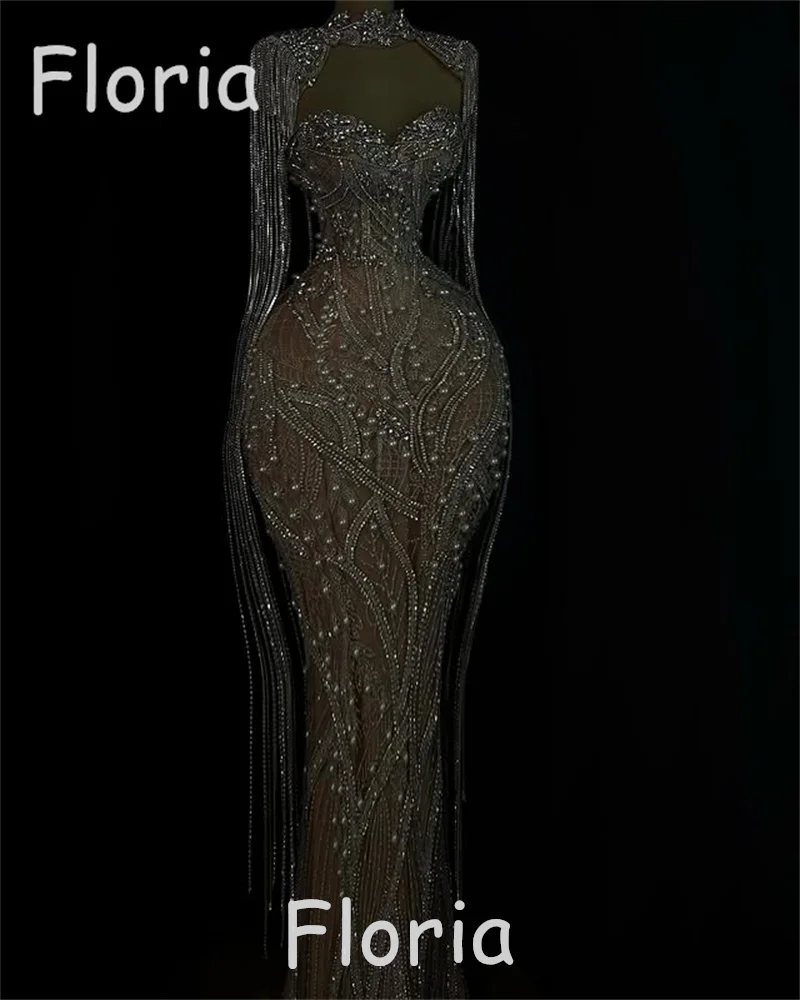 Customized Heavy Beads Mermaid Evening Dresses With Long Tassels Shiny Stone Crystal Wedding Party Dresses robe de soiree femmes