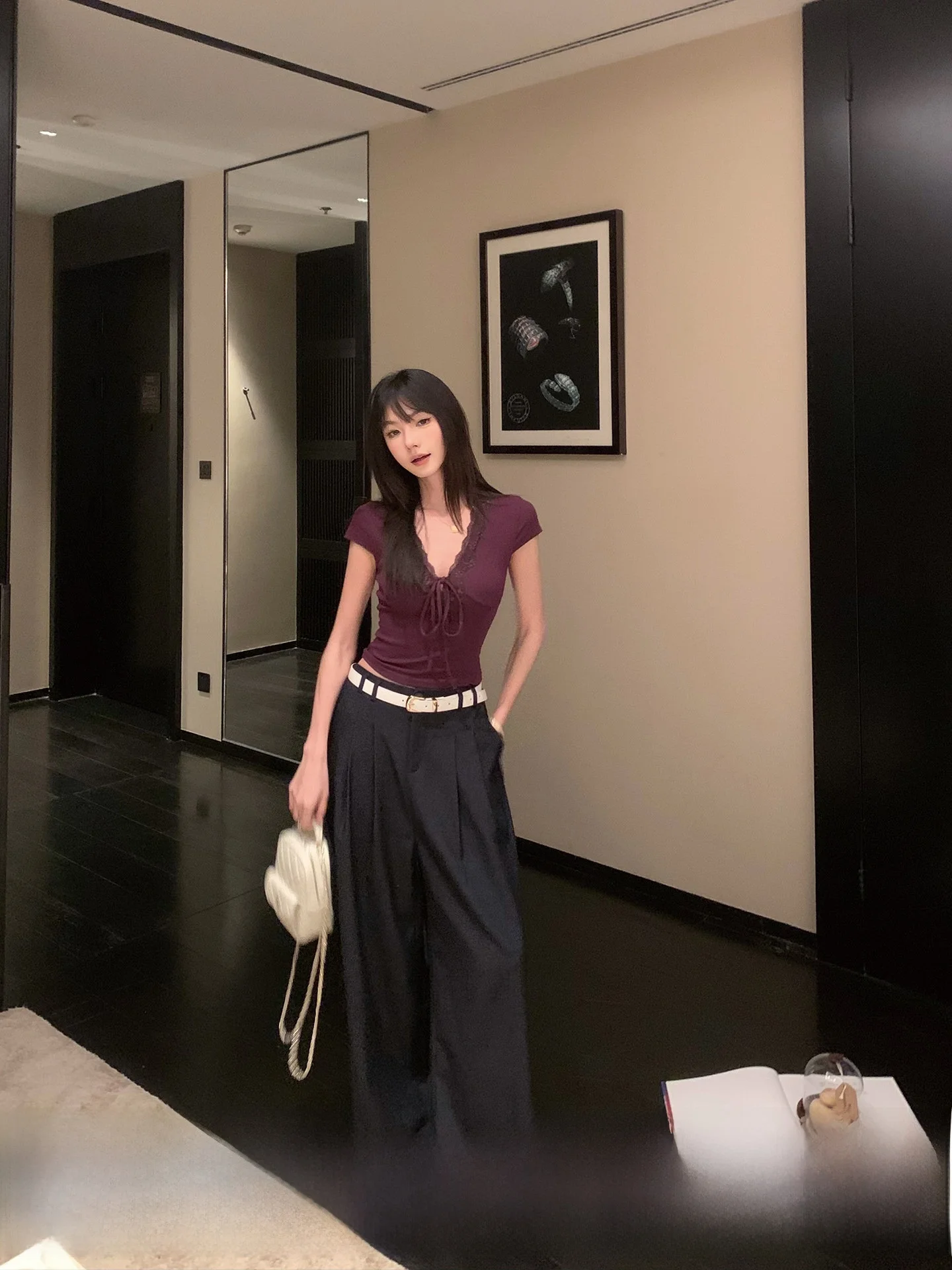 

Okaaay Lace Trim T-irt Women's Summer Slim Fit ort Sve Waist Cinched Hot Girl Pure Desire Sle Korean Version Cotton ...