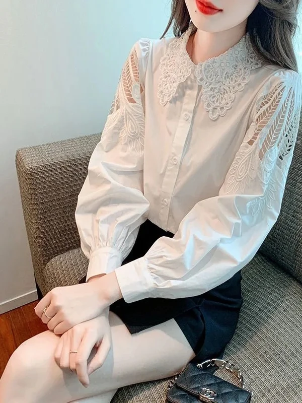 

Ele Embroidered Hollow out Long Sve irt Women's Autumn Faion Slimming Top Quali Polyester Casual Wear