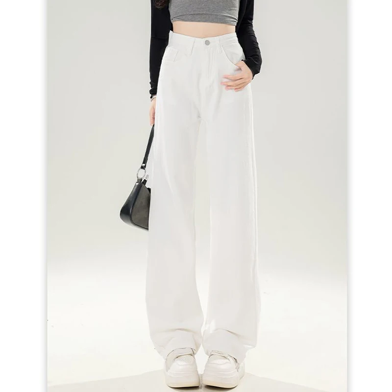Lady Korean Fashion High Waist Jeans Pants Women Loose Fit Denim Trousers Girls White Casual Straight Leg Pants