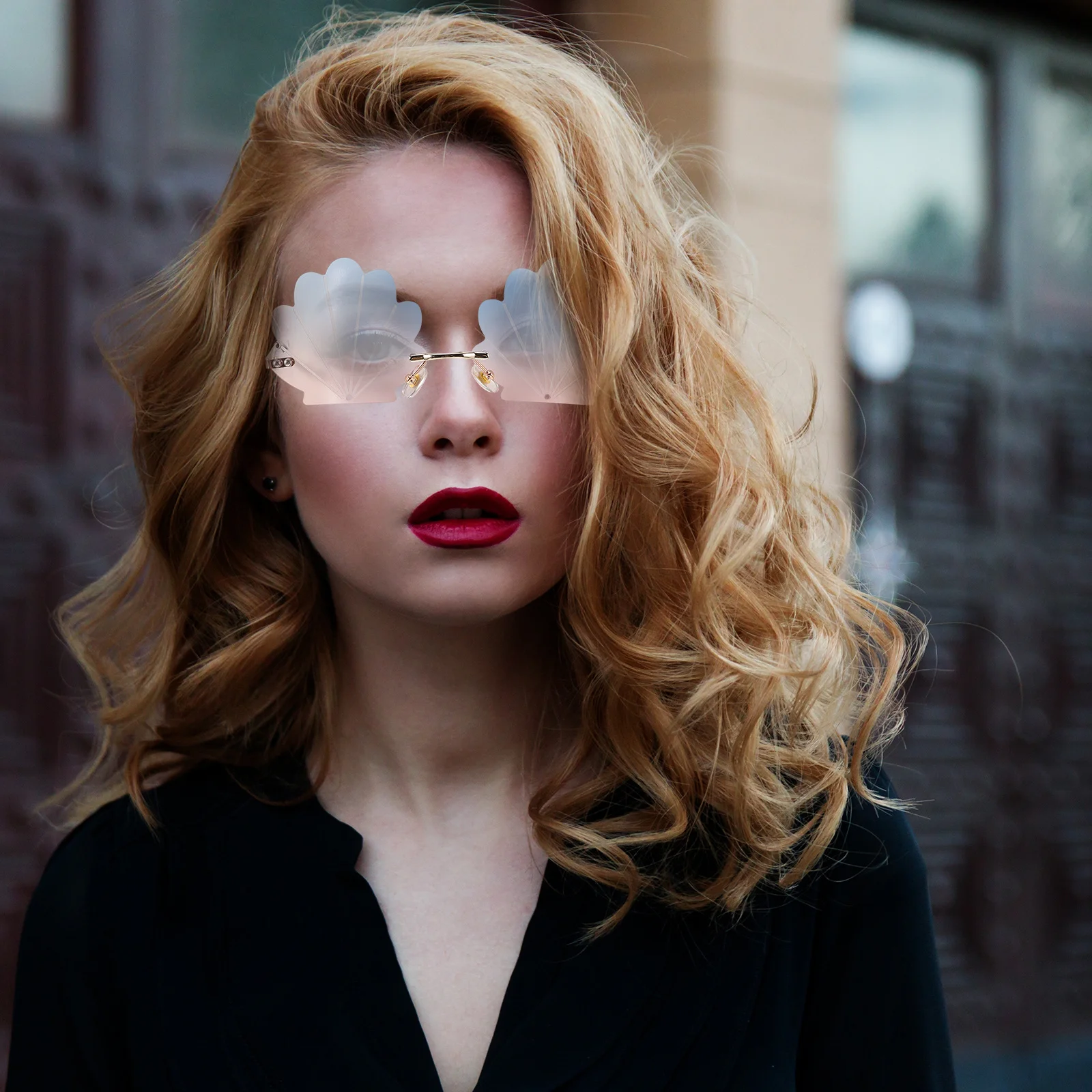 

Gold Frame Sunglasses Sturdy PC Metal Lightweight Durable Fashion Fun Party Seashell Rimless Women Men Colored Glasses Gift